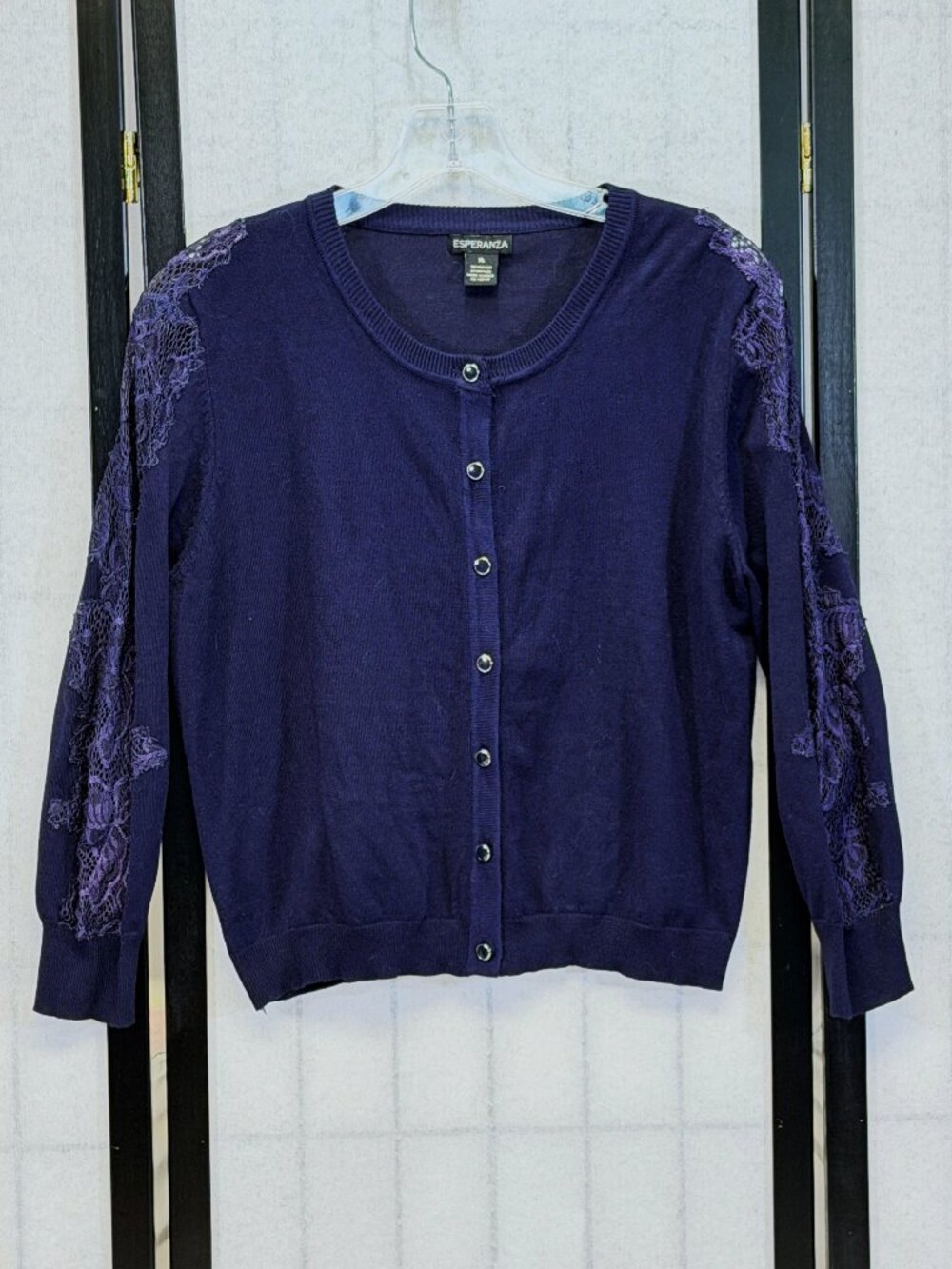 Esperanza Navy Lace Inset Sleeve Short Cardigan Sweater XL Button Up Scoop Neck